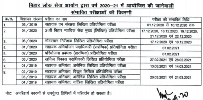 BPSC EXAM SCHEDULE 2020-21, BPSC EXAM CALENDAR 2020