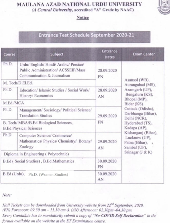 Manuu Entrance Exam 2020 Date hALL TICKET