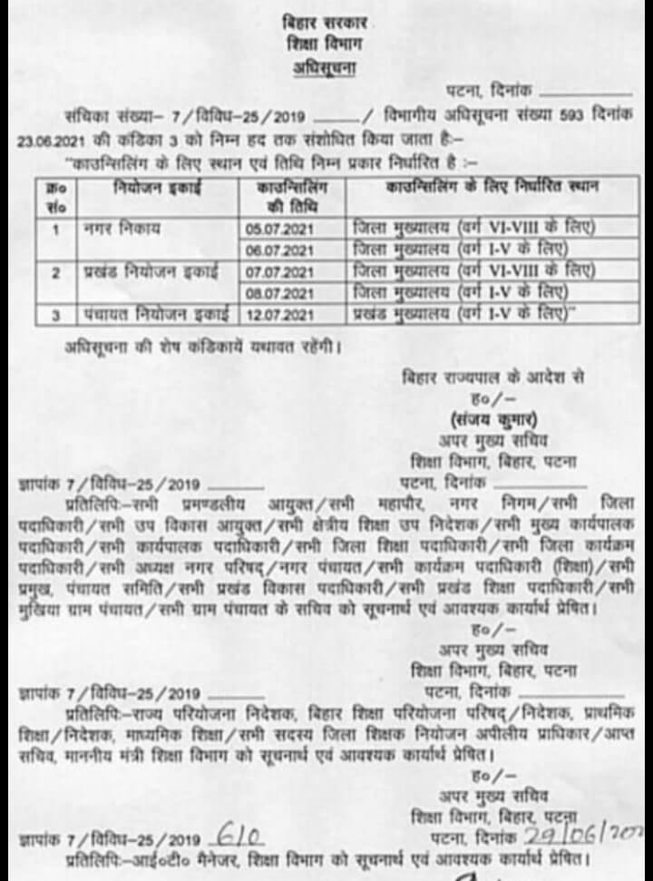 Bihar Teacher Counselling schedule