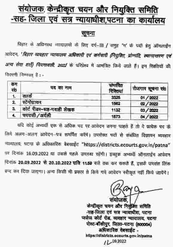 Bihar Civil Court Clerk Peon Vacancy 2022 Online form date