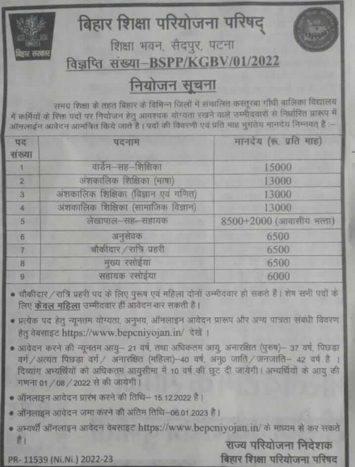 Bihar Kasturba Gandhi Vidyalaya Vacancy 2022 Form link | Kasturba Gandhi Vidyalaya Bharti form 2022 Date