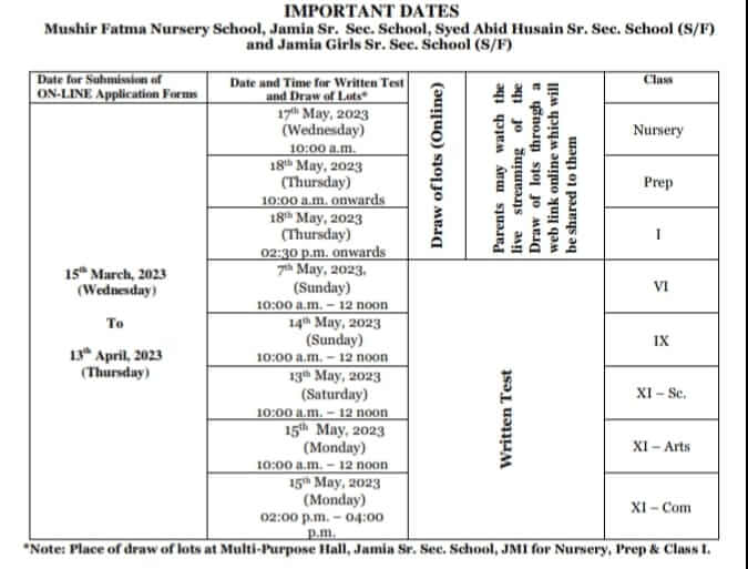 Jamia School class 6th 9th 11th Admission form 2023 date notificatio pdf