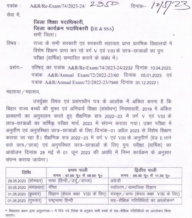 Bihar Board 5th & 8th RE Exam Date sheet 2023