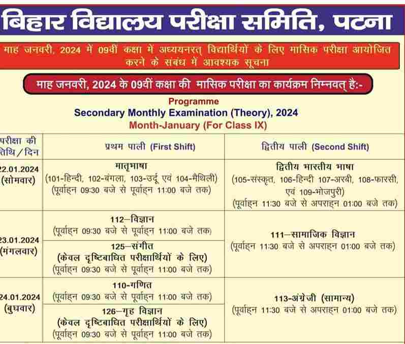 Bihar Board 9th Monthly Exam January  2024 | Bihar Board Masik Pariksha January  2024