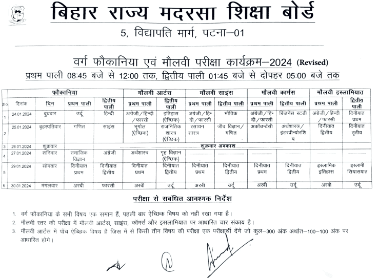 FAUQANIA MAULVI EXAM SCHEDULE 2024 | Bihar FAUQANIA MOLVI revised EXAM DATE sheet 2024