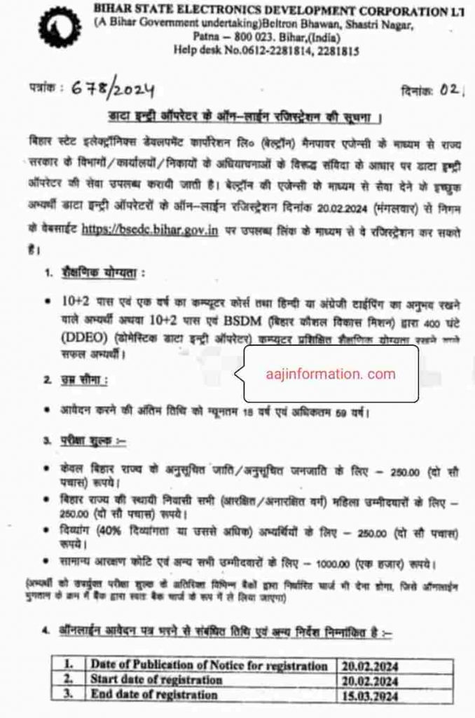  Bihar Data Entry Operator Vacancy 2024 Application form Date-
