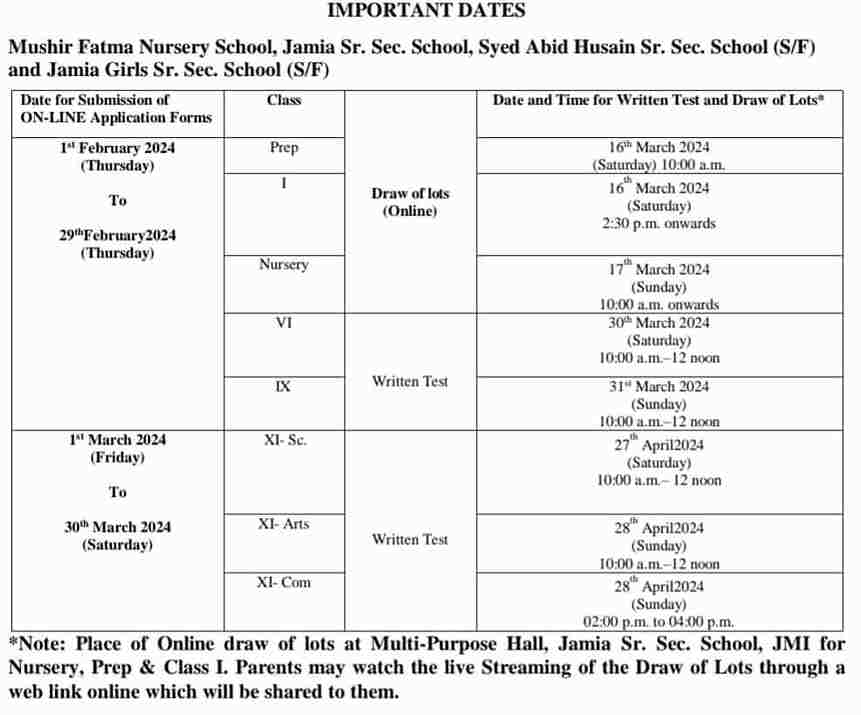 Jamia School class 6th 9th 11th Admission form 2024 Notification pdf